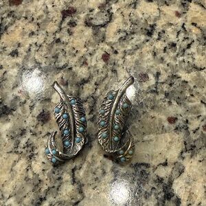 Vintage Feather Earrings with Turquoise Accents